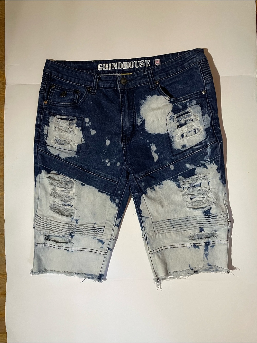 Grindhouse Men's Distressed Two-Tone Denim Shorts - Blue/White